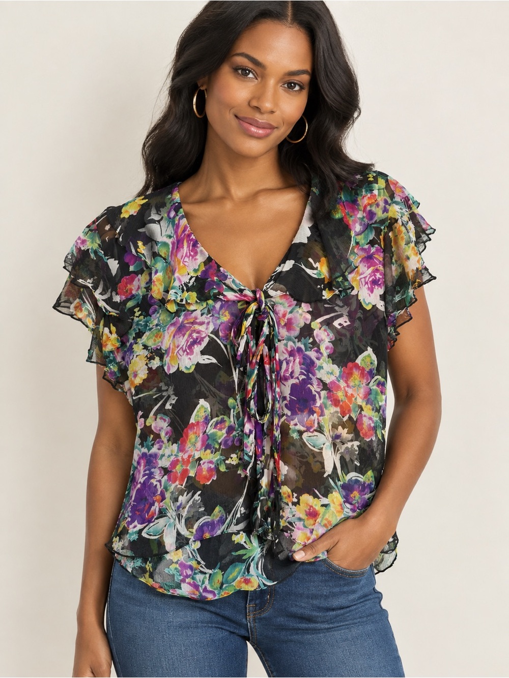 Lauren Ralph Lauren Black Floral Tie-Neck Ruffle Blouse 100% Silk